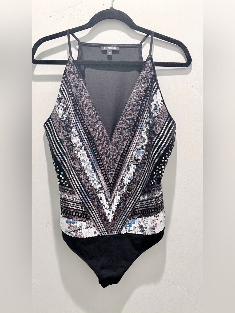 Express Black and Silver Sequin V-Neck Bodysuit